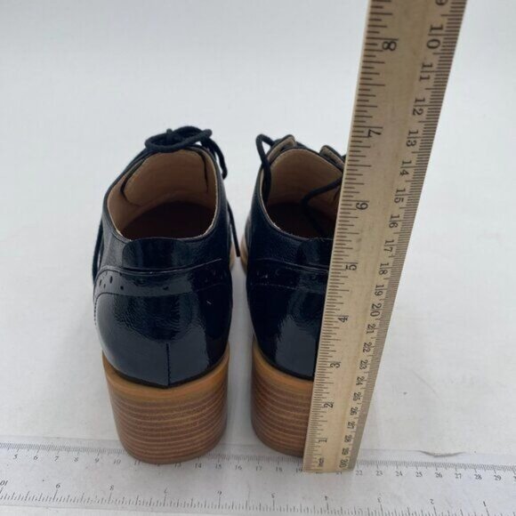 FOWT Black Perforated Lace-Up Oxfords Almond Toe Chunky Heel Brogues Shoes - Picture 5 of 8